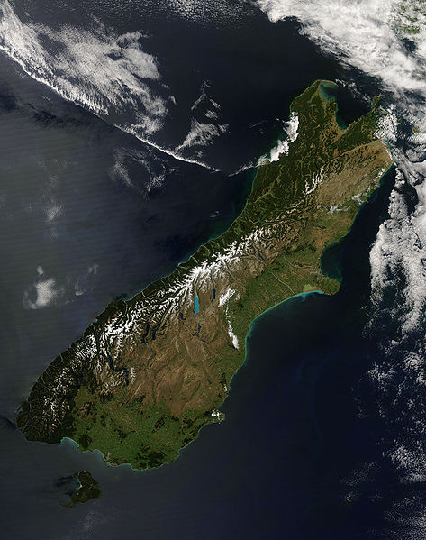 a nearly cloud-free view of the South Island of
New Zealand