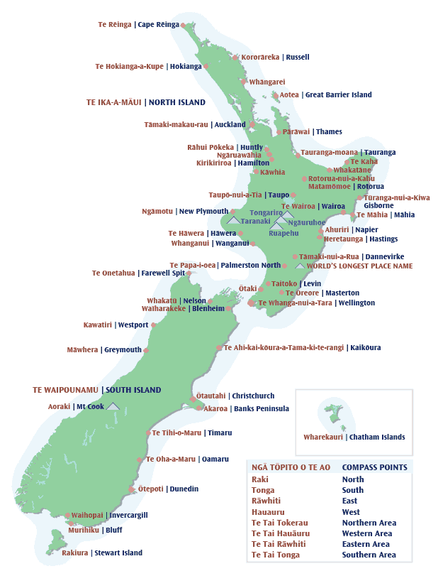 Map of New Zealand with English and Maori names of localities
