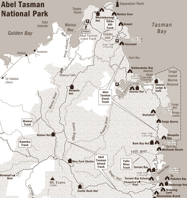 map of the inland and coast tracks of Abel Tasman National 
Park